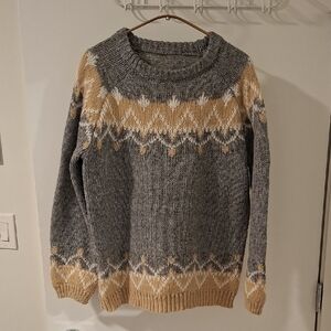 Women's Oversize 100% Mohair Gray & Tan Nordic/Fair Isle Sweater (Size L)